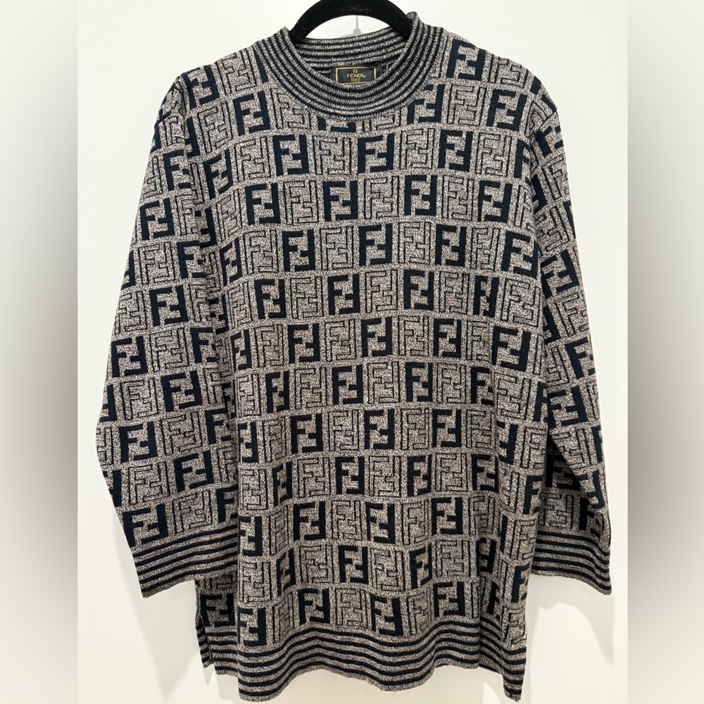 SOLD Fendi Black and Gray Crewneck Sweater with Zucca Pattern in Medium